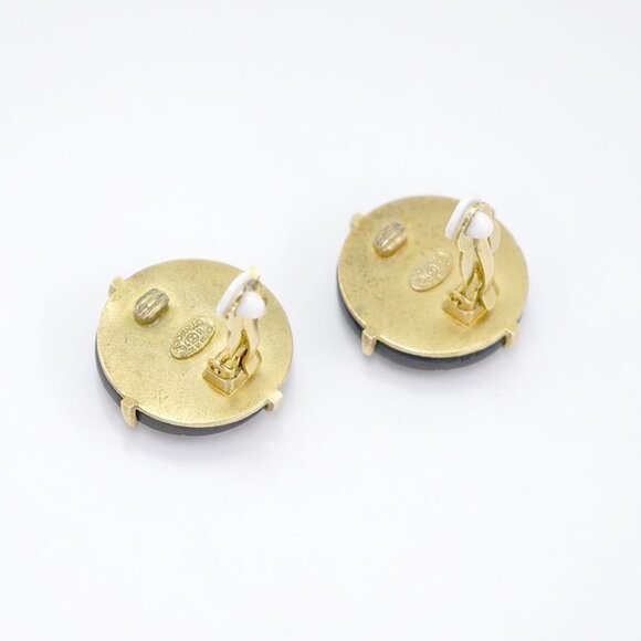 CHANEL CC Logos Black Round Wood Clip-On Earrings Gold Tone 94P Auth #11584 - Picture 4 of 5
